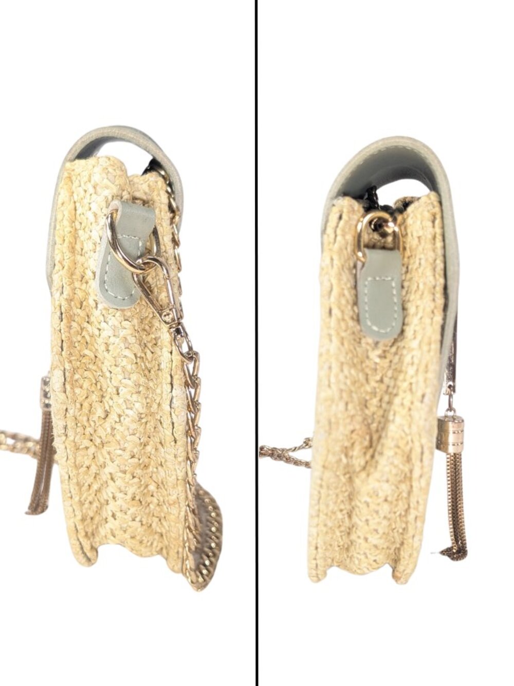 Haute Sauce Hexagon Small Woven Raffia Sage Green Faux Leather Flap Crossbody - Picture 4 of 10